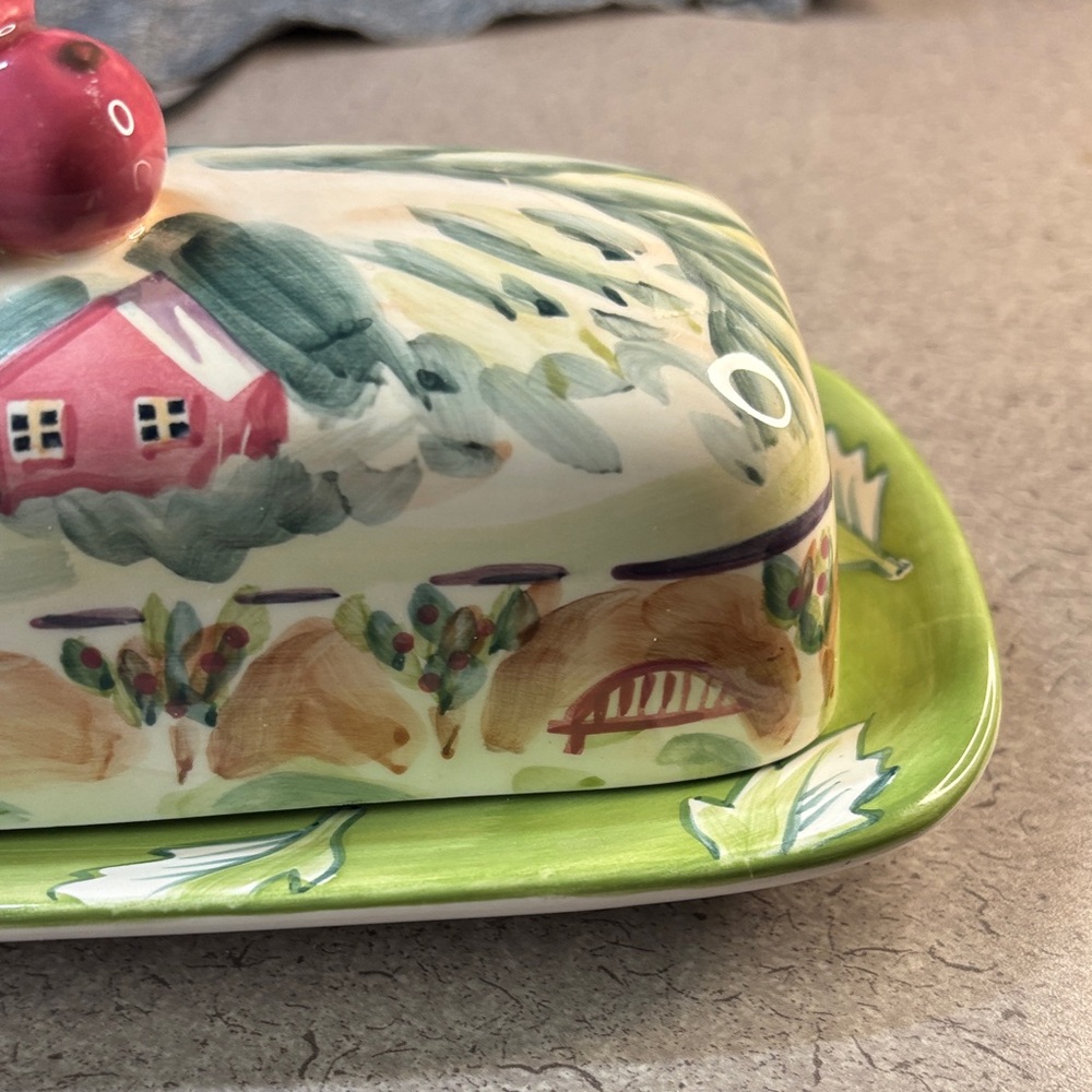 Hand-Painted Mismatched Ceramic Butter Dish with Pink Accents - Picture 4 of 7
